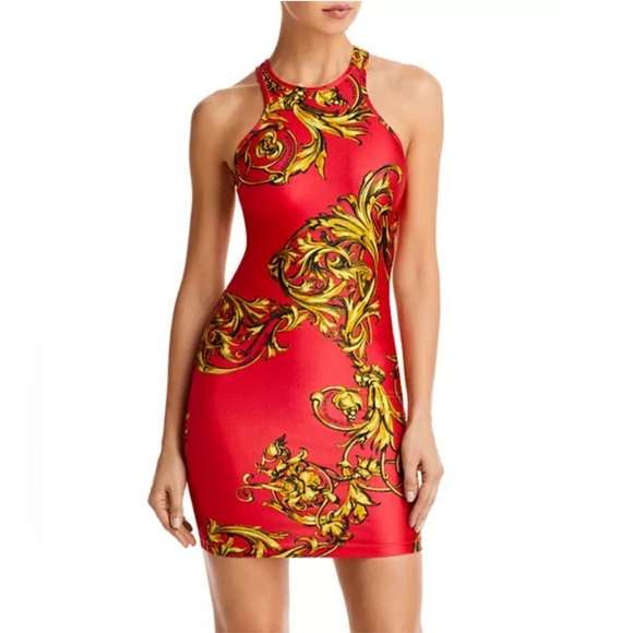 NWT. VERSACE JEANS COUTURE Red & Gold Garland Mini Bodycon Dress - Picture 1 of 15